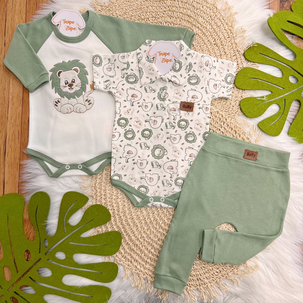 Conj. de Malha 3 peças - Leão Juba Colorida e Safari - Verde e Off White